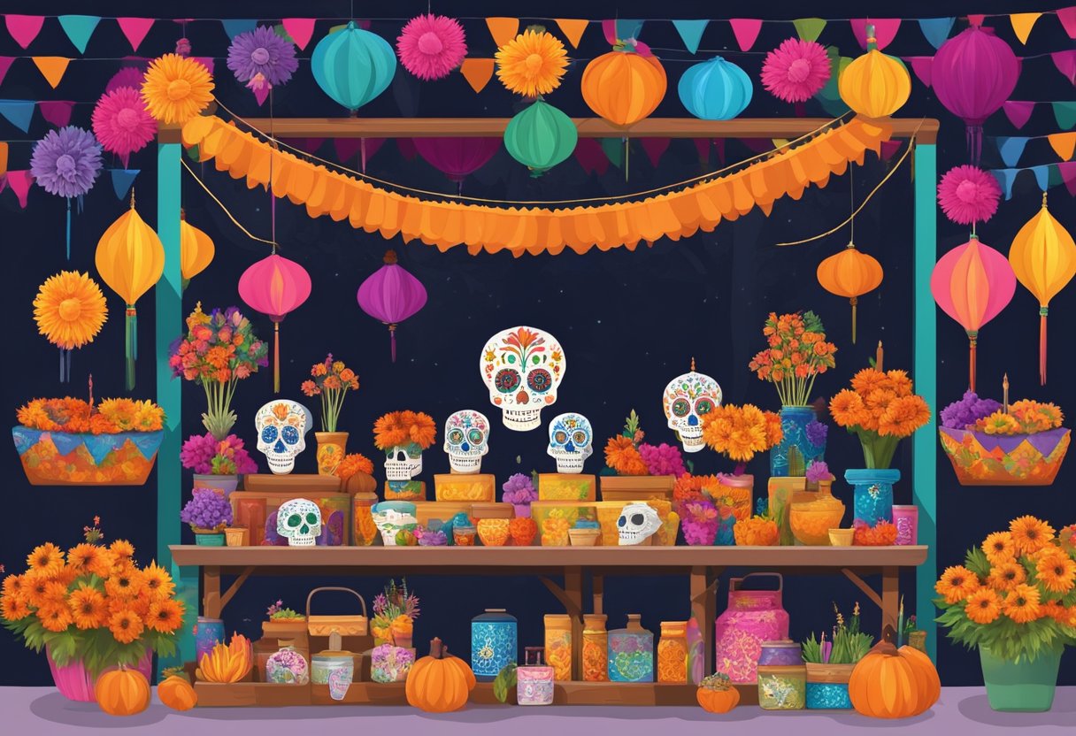 Un colorido puesto de mercado vende incienso tradicional para el Día de los Muertos, rodeado de decoraciones vibrantes y flores preservadas.