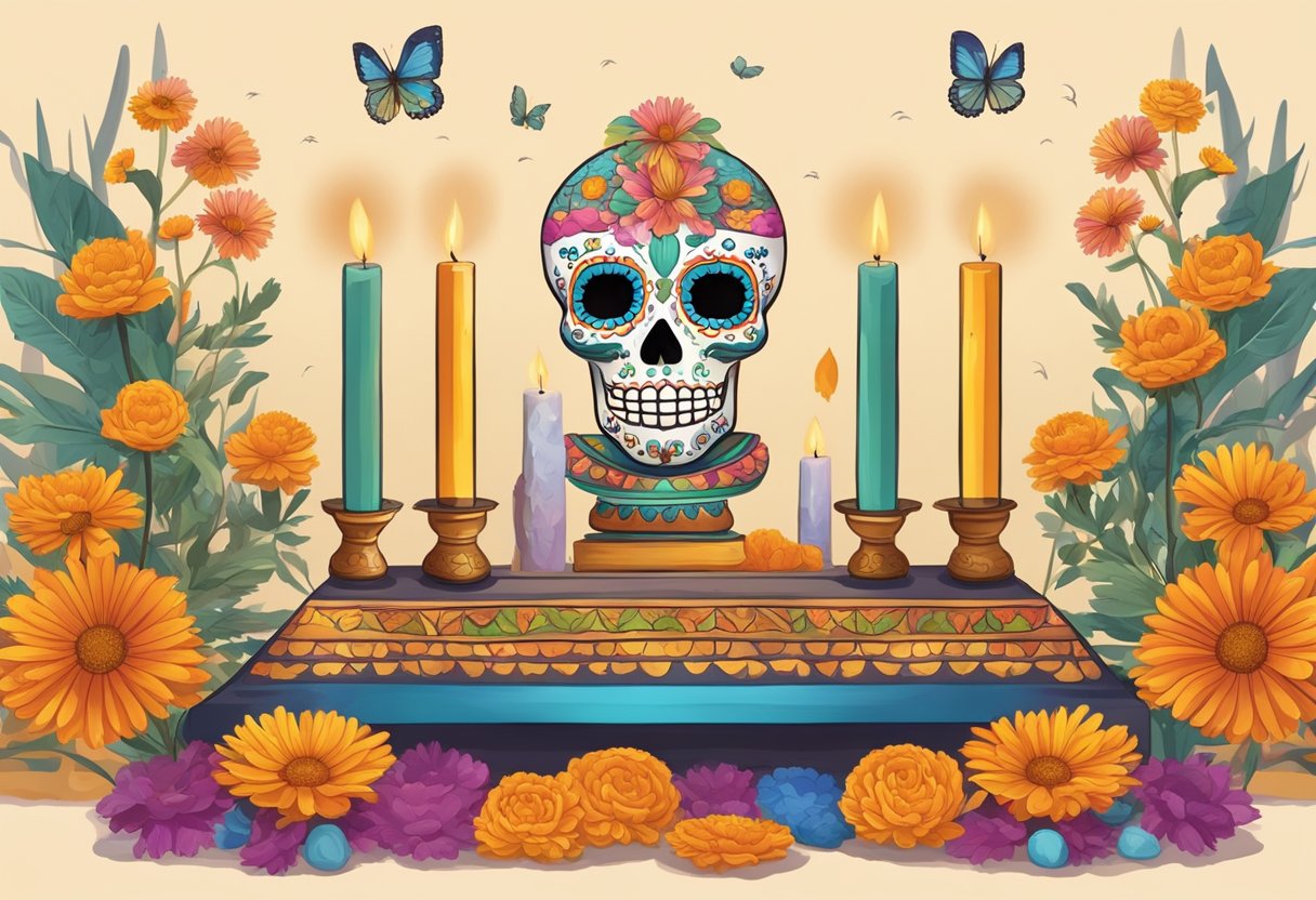 Un altar colorido con incienso humeante, flores de cempasúchil y ofrendas tradicionales del Día de los Muertos