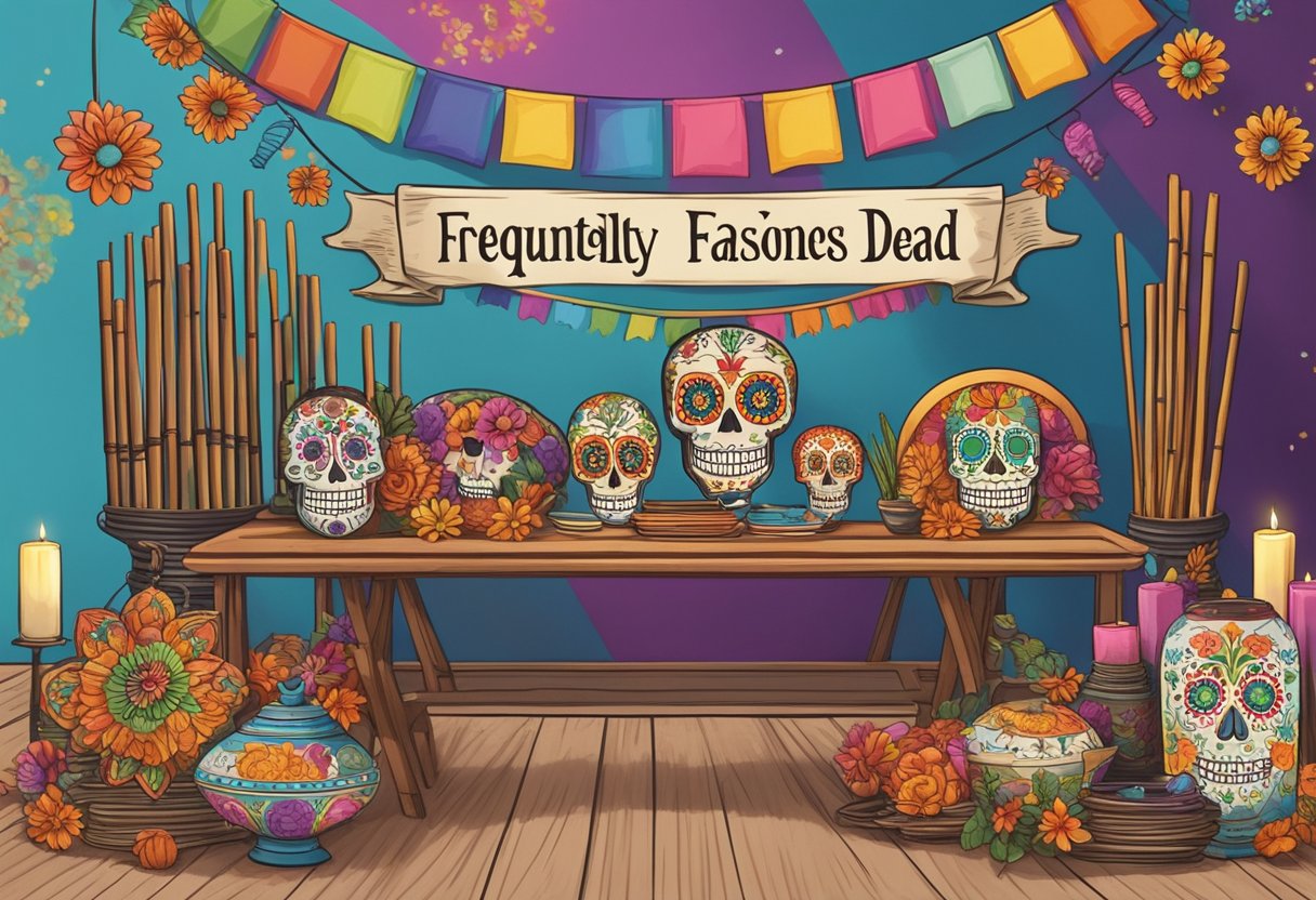 Una colorida exhibición de varitas de incienso y decoraciones temáticas del Día de los Muertos dispuestas sobre una mesa, con un cartel que dice 'Preguntas Frecuentes'.