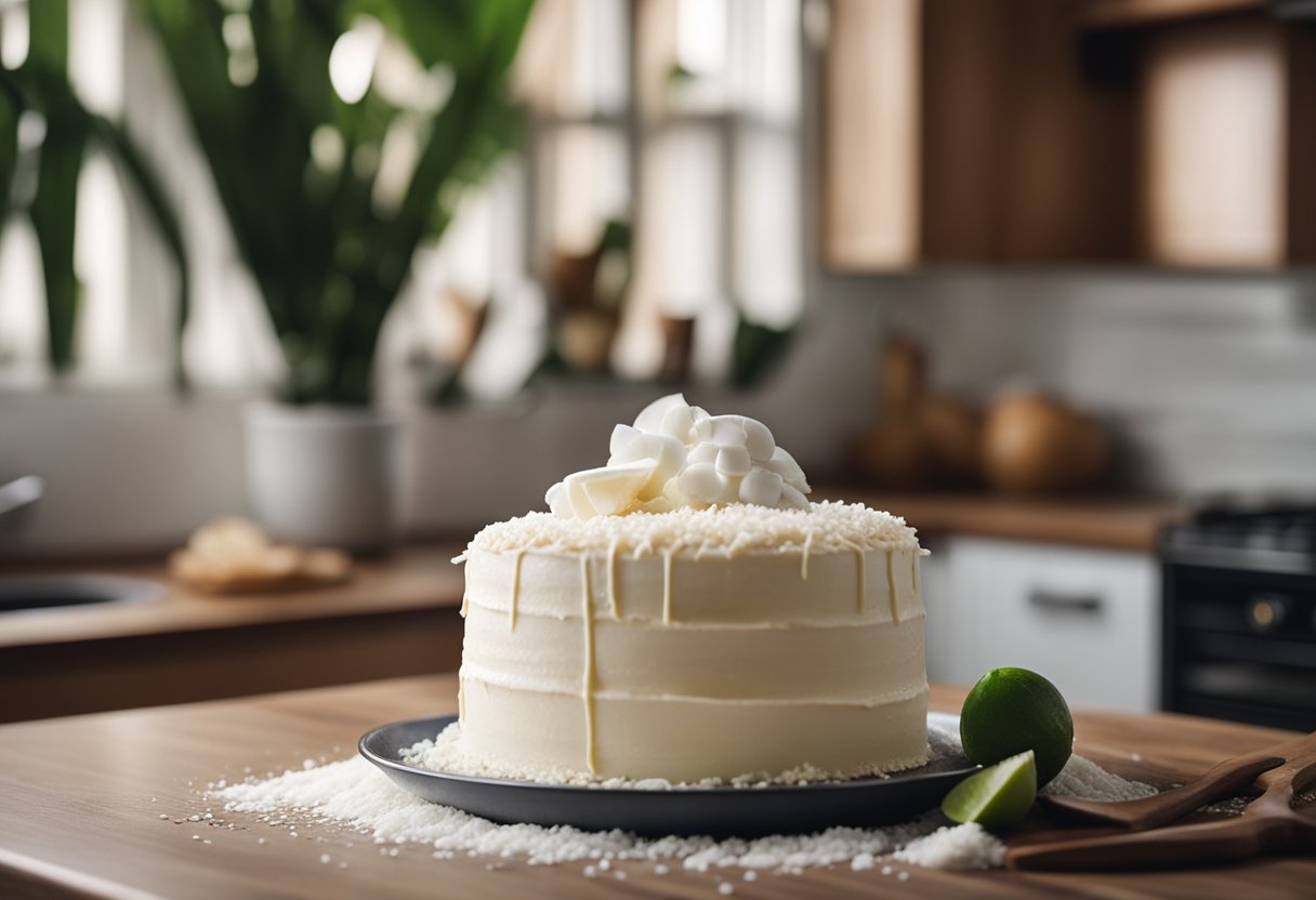 Um bolo vegano de coco sendo preparado, com ingredientes como leite de coco, farinha e açúcar em uma bancada de cozinha.