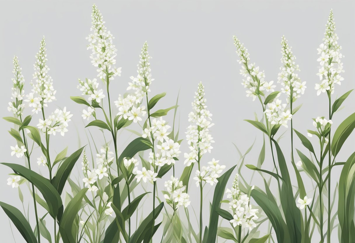 Tallos altos y delgados con hojas estrechas y puntiagudas. Flores blancas delicadas que florecen desde la parte superior de la planta.