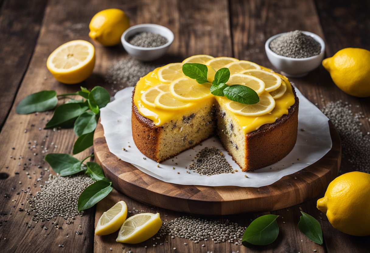 Um bolo de limão vegano com sementes de chia está sobre uma mesa de madeira rústica, cercado por limões frescos e uma pitada de sementes de chia.