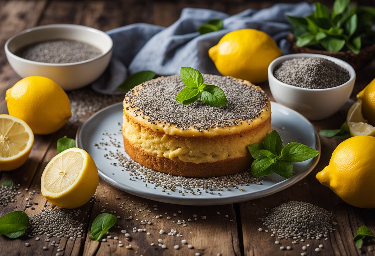 Um bolo vegano de limão recém-assado com sementes de chia está sobre uma mesa de madeira rústica, cercado por limões vibrantes e uma pitada de sementes de chia.