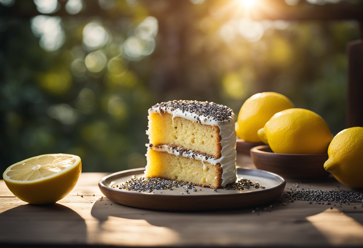 Um bolo de limão vegano com sementes de chia está sobre uma mesa rústica de madeira, cercado por limões frescos e uma dispersão de sementes de chia. A luz do sol entra por uma janela próxima, lançando um brilho quente sobre a cena.