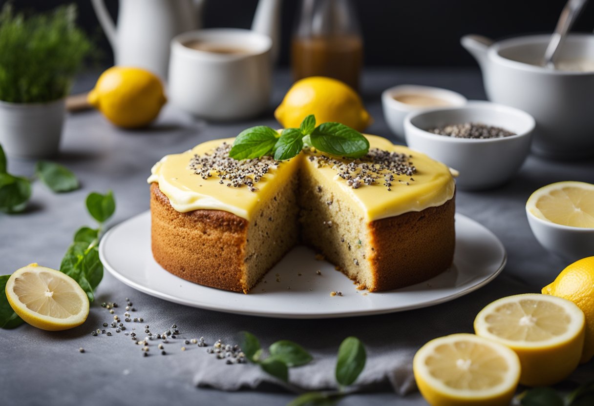 Um bolo vegano de limão sendo preparado com sementes de chia e ingredientes saudáveis em uma bancada de cozinha limpa e organizada.