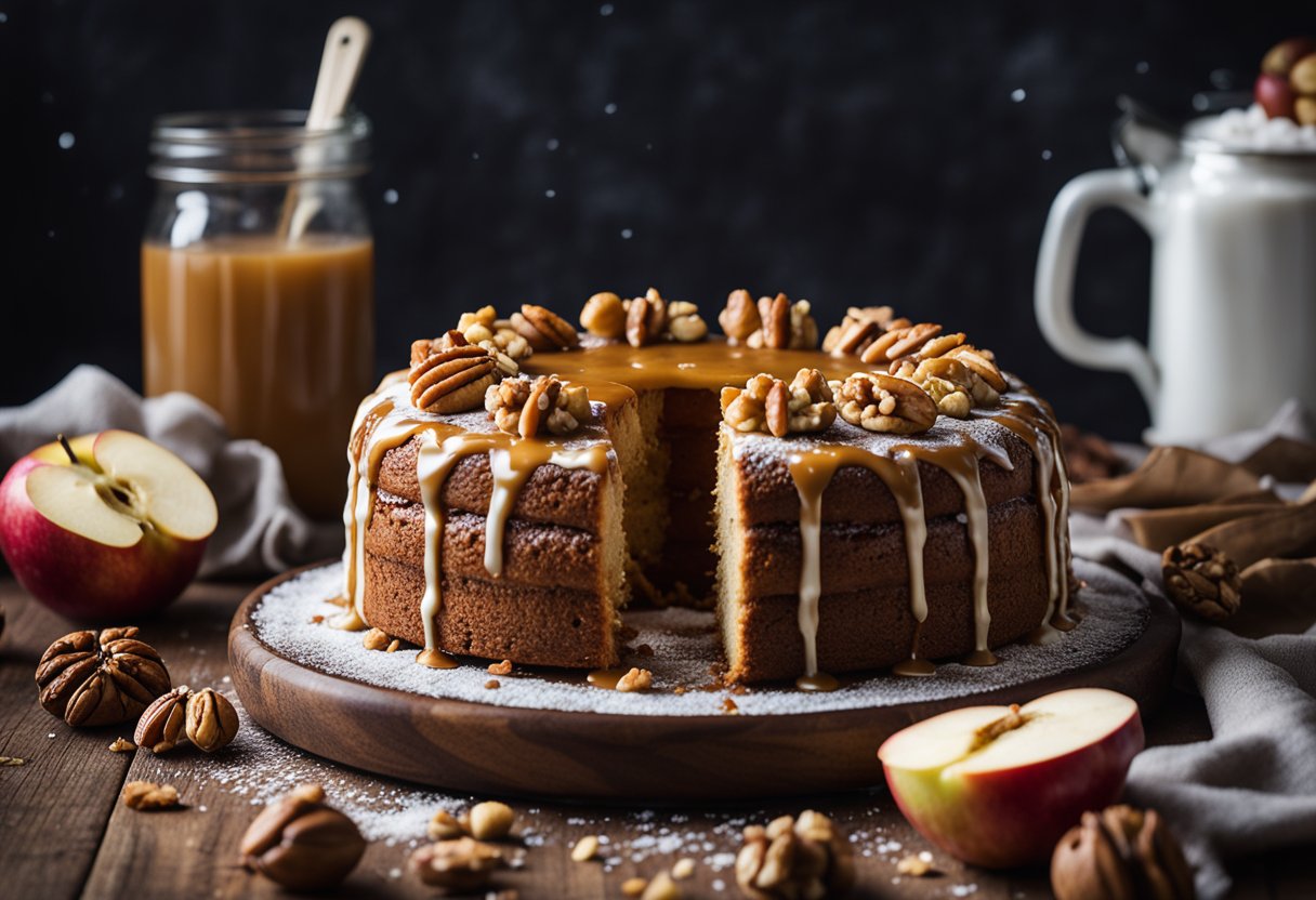 Um bolo vegano de maçã e nozes está sobre uma mesa de madeira rústica, cercado por maçãs frescas e nozes espalhadas. O bolo é coberto com uma leve camada de açúcar de confeiteiro e um fio de molho de caramelo.