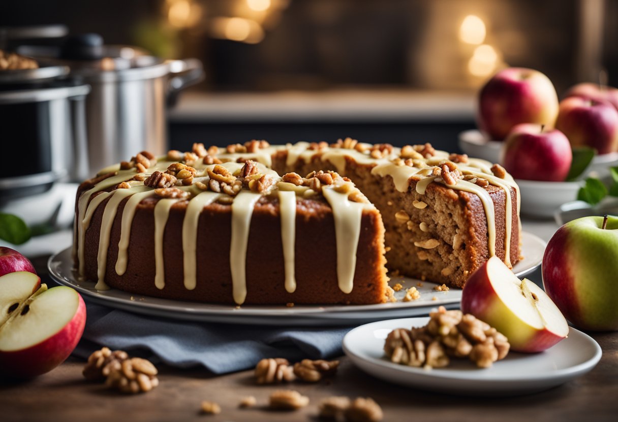 Um bolo de maçã vegano com nozes sendo preparado em uma cozinha iluminada, cercado por maçãs frescas e uma variedade de ingredientes alternativos.