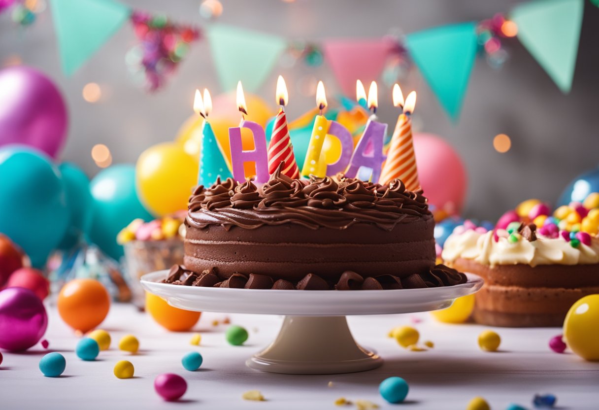 Um bolo de aniversário com cobertura de chocolate está em uma mesa festiva, cercado por decorações coloridas e chapéus de festa.