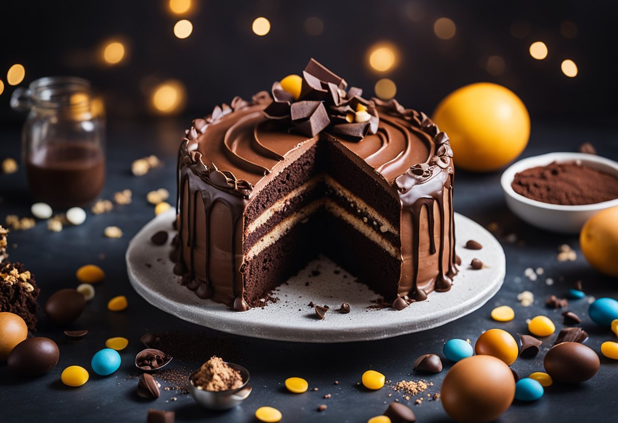 Um bolo de aniversário colorido coberto com um rico glacê de chocolate, cercado por uma variedade de ingredientes como farinha, ovos e cacau em pó