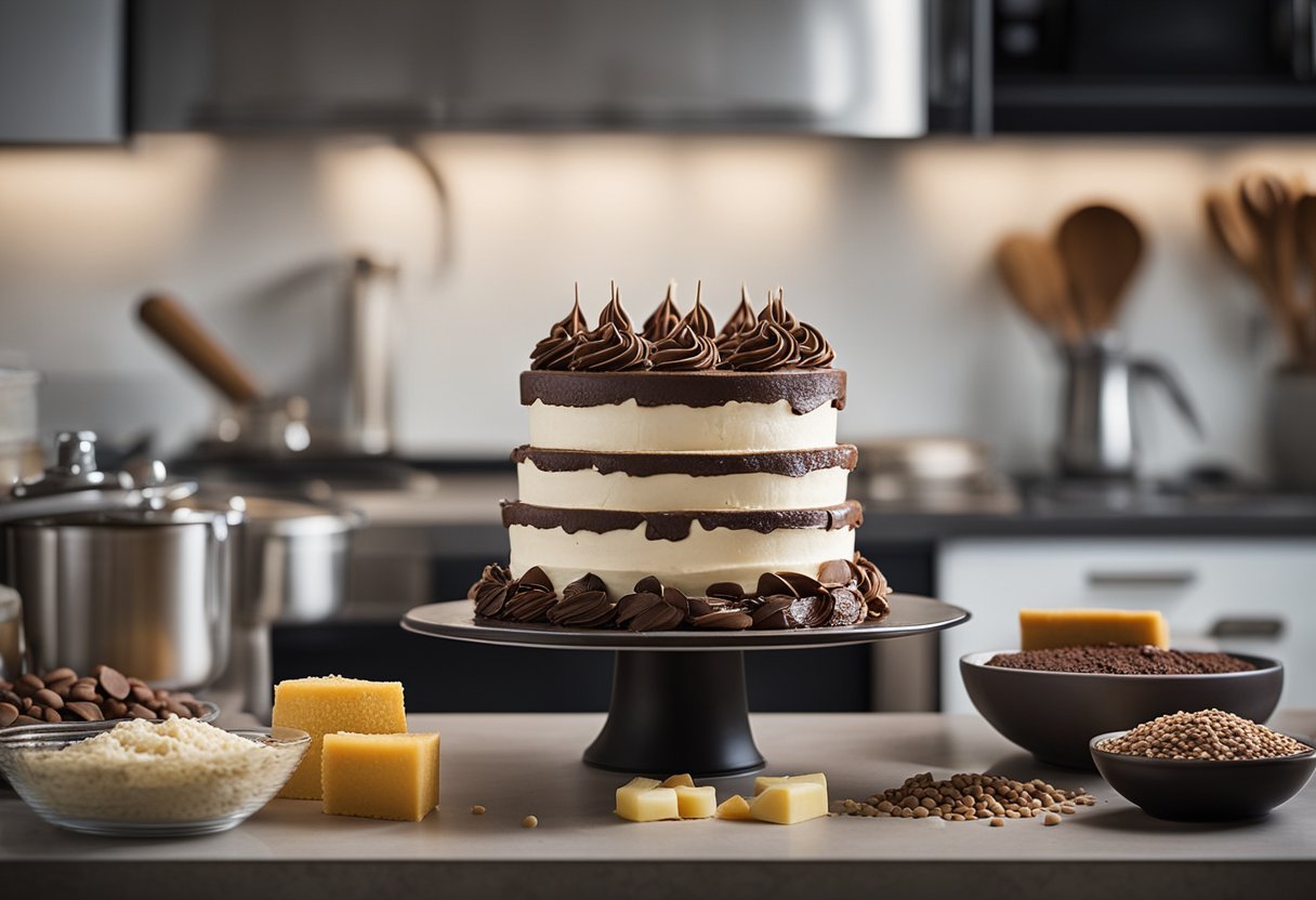 Um bolo de aniversário sendo preparado, com os ingredientes para o bolo e a cobertura de chocolate dispostos em uma bancada de cozinha. Tigelas, copos medidores e uma batedeira são visíveis.