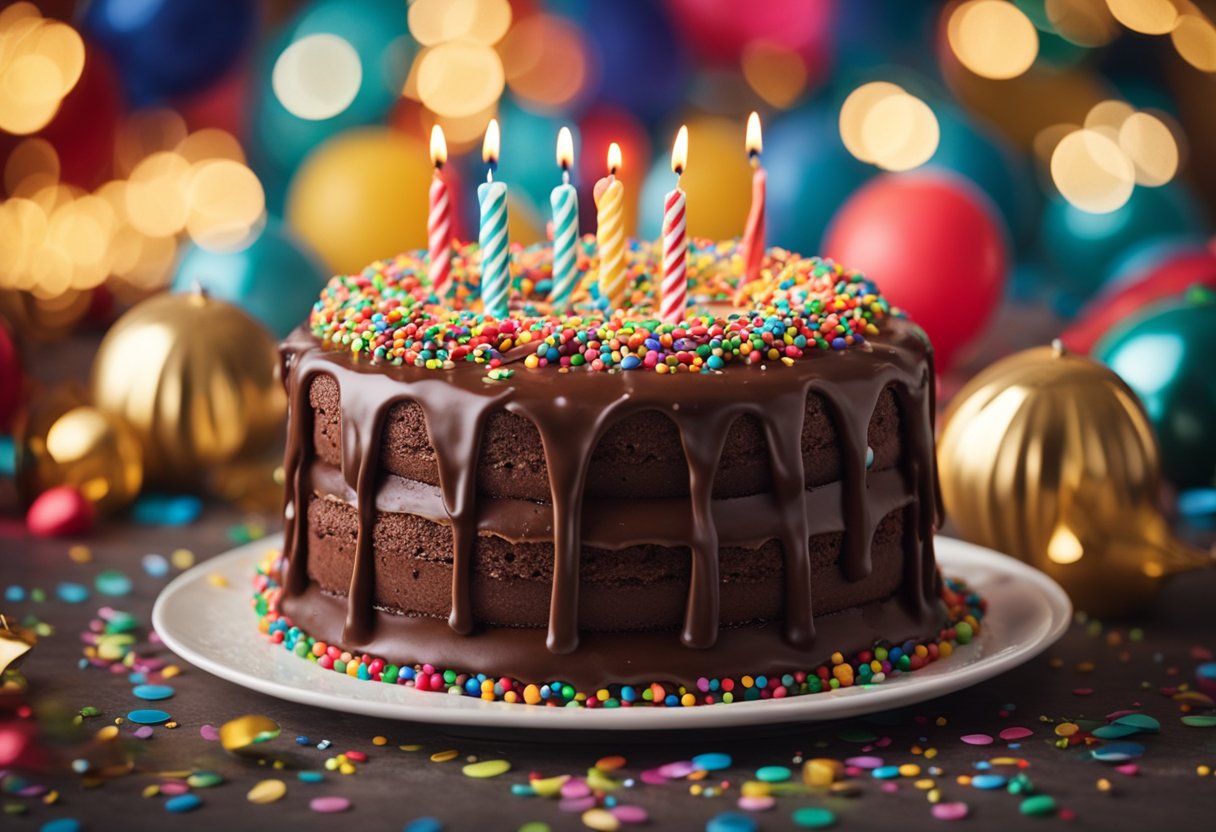 Um bolo de aniversário com cobertura de chocolate e granulados coloridos por cima, cercado por decorações festivas e chapéus de festa