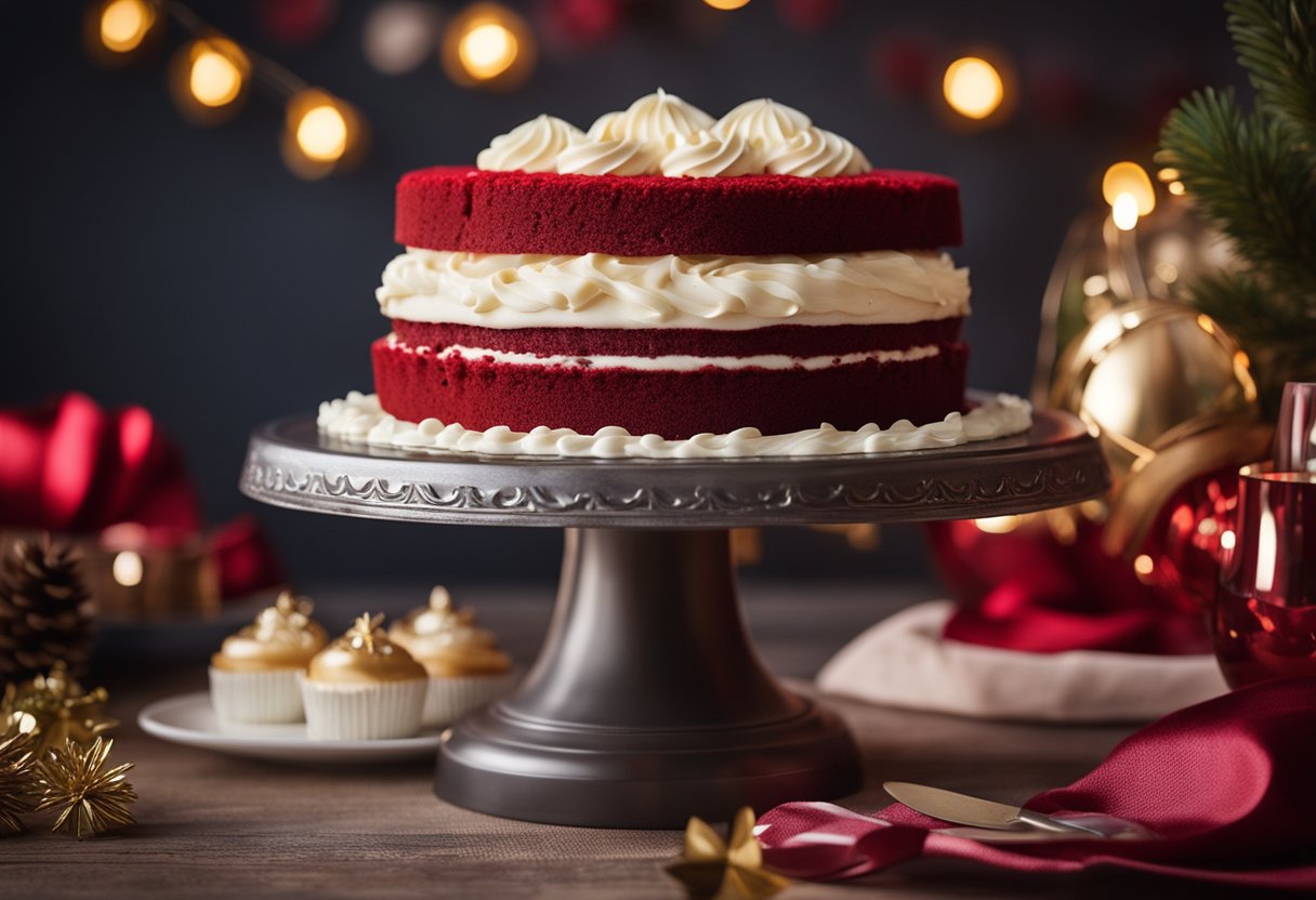 Um bolo de veludo vermelho com cobertura de cream cheese está em um suporte de bolo decorativo, cercado por decorações festivas de festa.