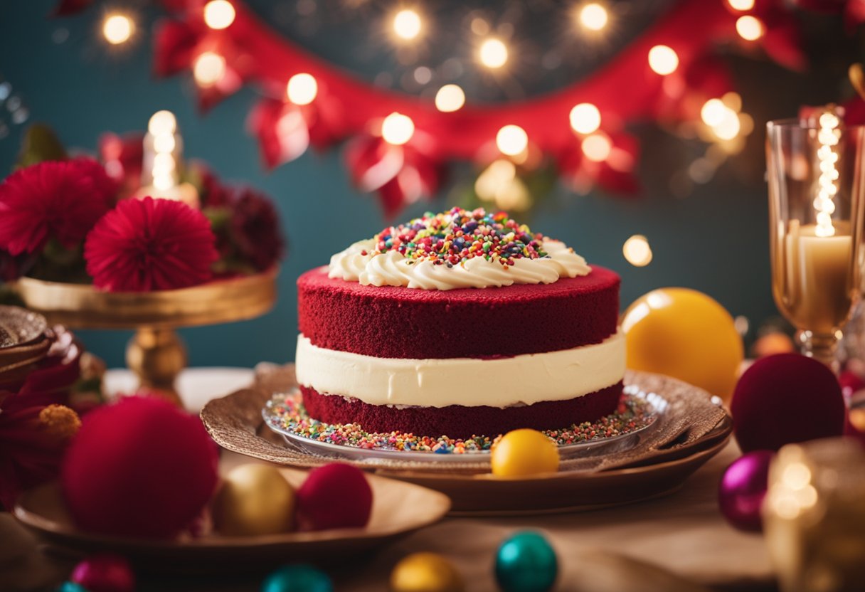 Um bolo Red Velvet com cobertura de cream cheese está em uma mesa festiva, cercado por decorações de festa coloridas.