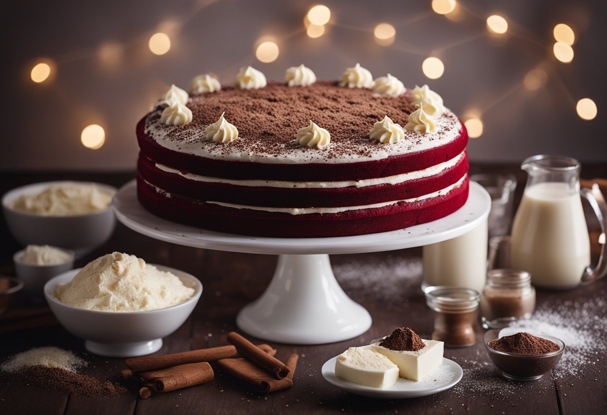 Um bolo de veludo vermelho com cobertura de cream cheese está em um suporte de bolo decorativo, cercado por ingredientes como cacau em pó, leite azedo e açúcar de confeiteiro.