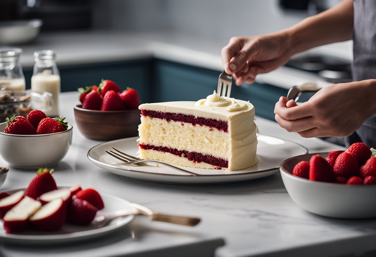 Um bolo de veludo vermelho com cobertura de cream cheese sendo preparado em uma bancada de cozinha, cercado por ingredientes e utensílios.