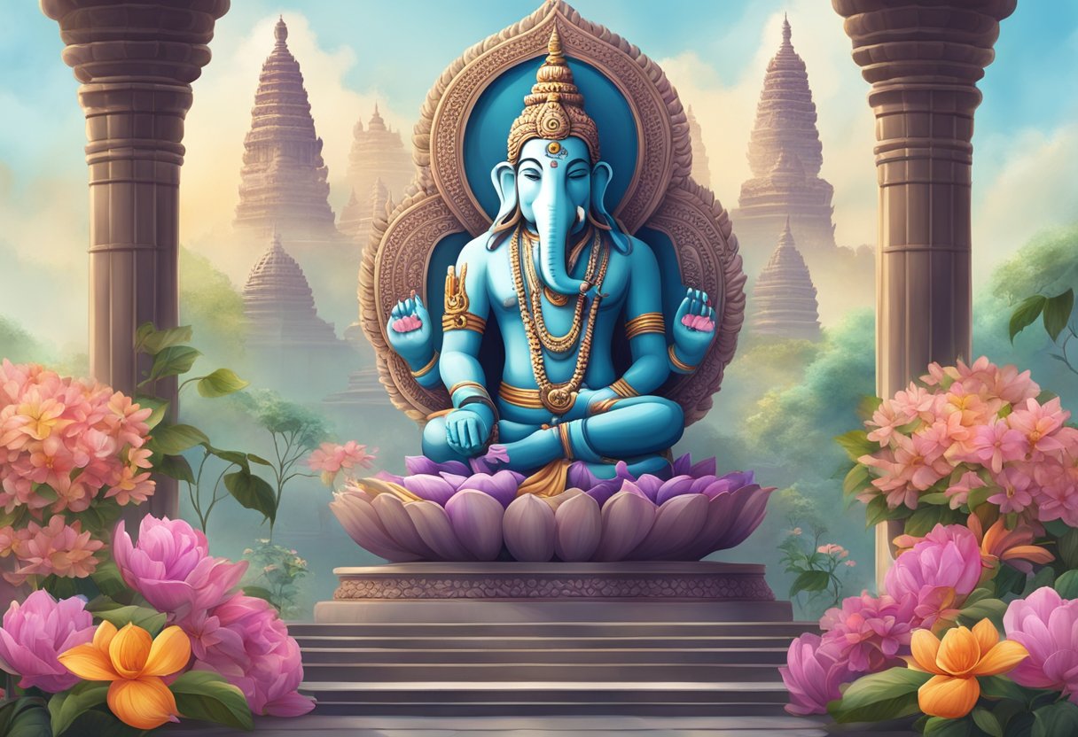 Un templo sereno con una estatua de Shiva y Ganesh rodeada de flores e incienso