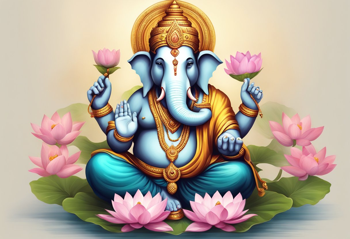 Ganesha sentado sobre una flor de loto, sosteniendo un garrote y un dulce, con un ratón a su lado