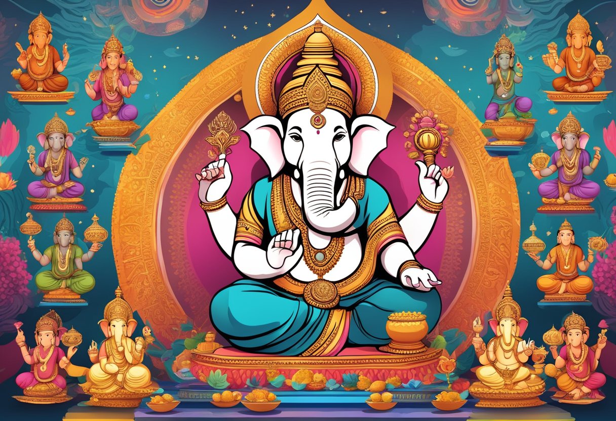 Estatuas de Ganesha y Ganapati rodeadas de coloridos símbolos culturales indios y ofrendas