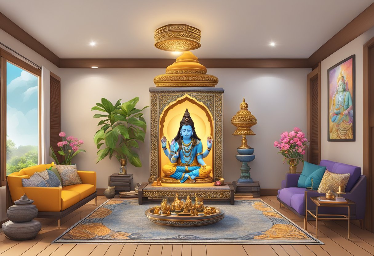 Una sala de estar moderna con un pequeño altar dedicado a Shiva y Ganesh, que presenta incienso, flores y estatuas de las deidades.