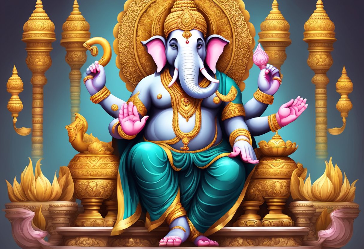 Una majestuosa estatua del señor Ganesha se erige sobre un trono de loto, con su cabeza de elefante y cuatro brazos, sosteniendo varios objetos simbólicos.