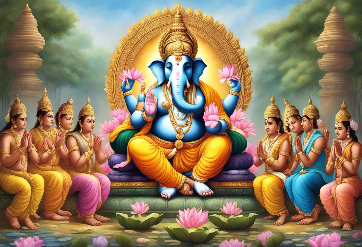 El Señor Ganesha sentado en un trono de loto, rodeado de devotos con las manos en oración, buscando respuestas a sus preguntas.