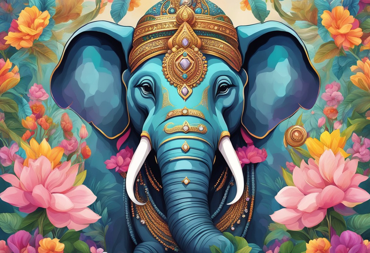 La cabeza de elefante de Ganesha, coronada con intrincadas joyas, rodeada de flores vibrantes y una atmósfera serena y mística