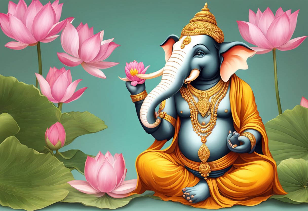 El colmillo roto de Ganesha, una rata a sus pies y una flor de loto en su mano simbolizan la sabiduría, la ingeniosidad y la pureza en la mitología hindú.