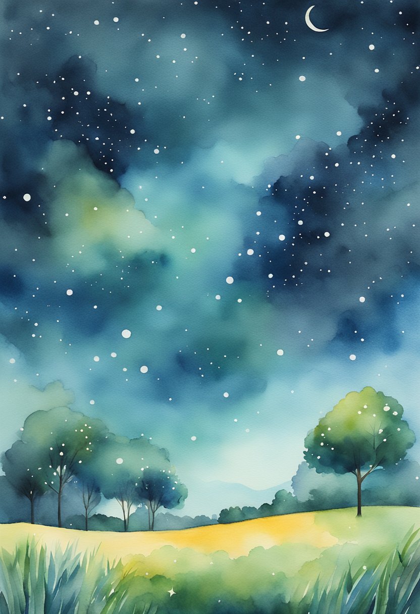 A serene night sky with stars twinkling above a peaceful meadow, where surreal and abstract shapes float and morph, representing dreams