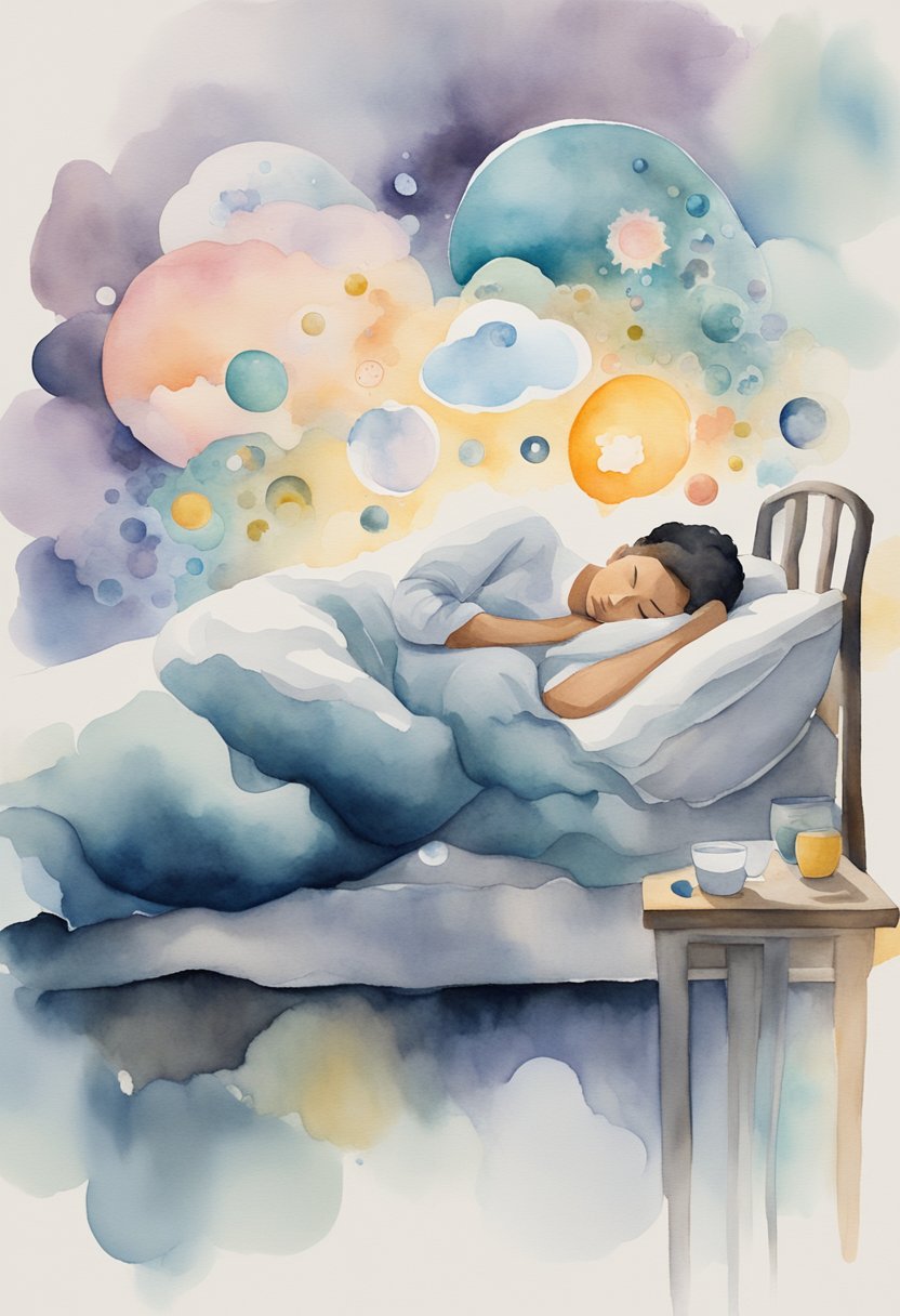 A person sleeping peacefully in bed, surrounded by floating thought bubbles filled with various symbols and images