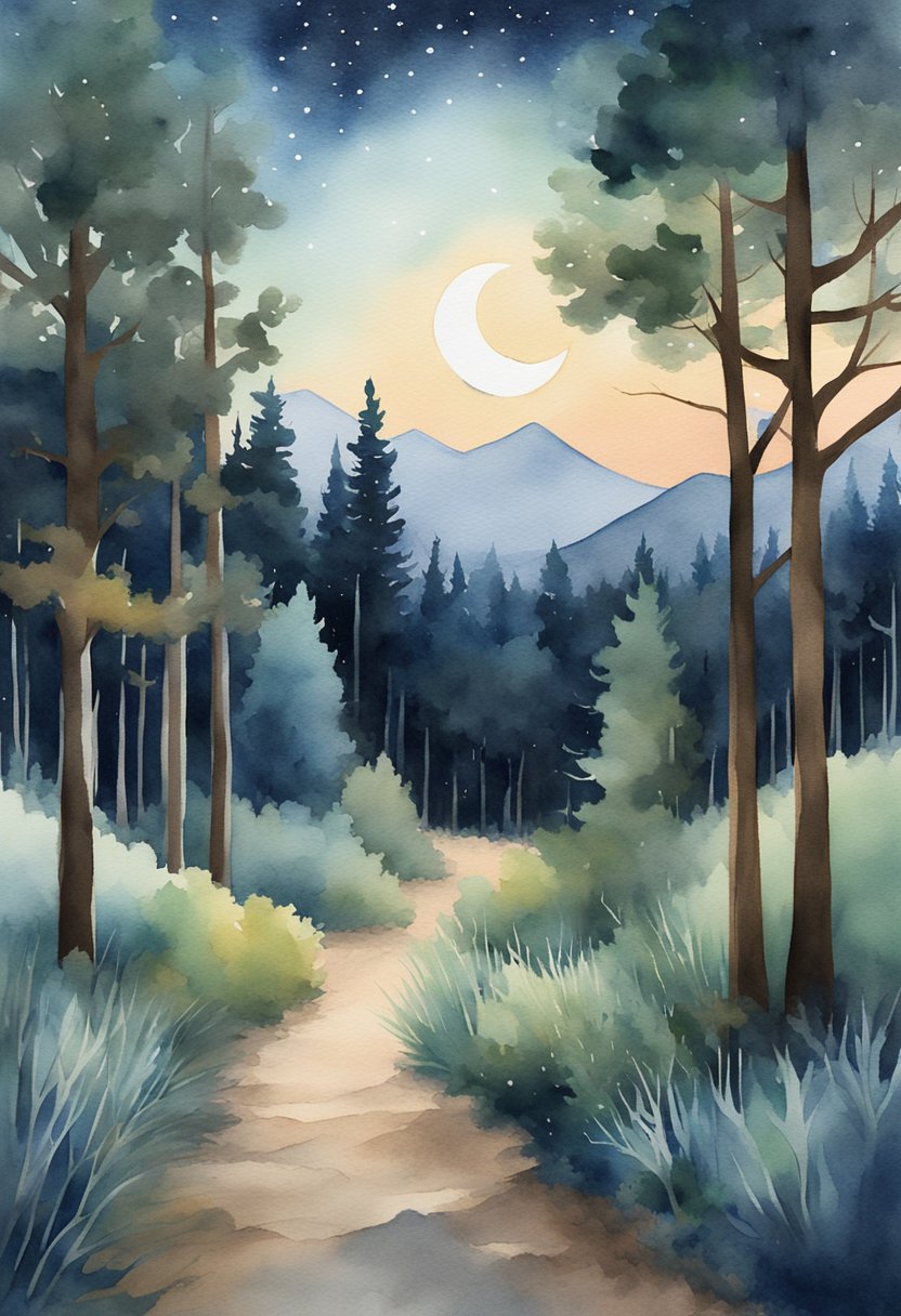 A serene forest with trees swaying in the wind under a starry night sky, with a moon casting a soft glow on the landscape