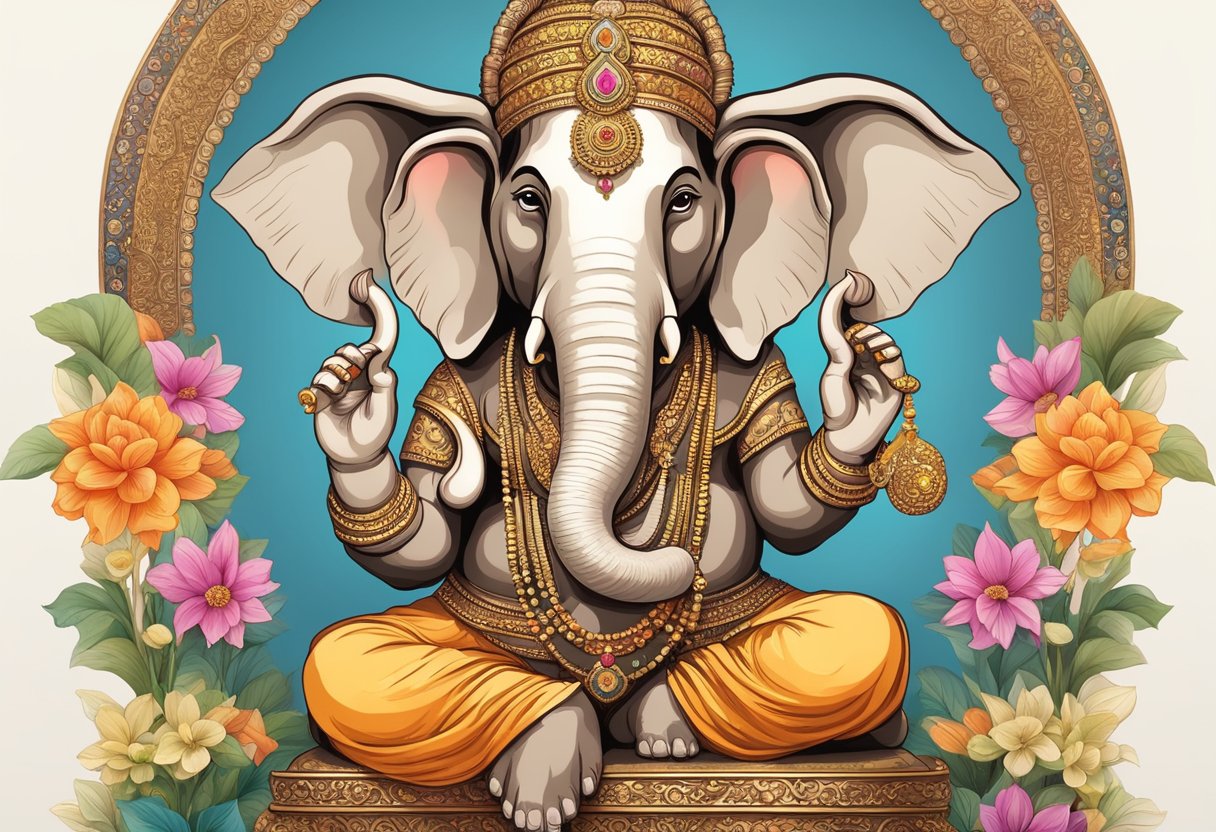 La presencia de Ganesha se representa a través de una gran figura de elefante adornada con intrincadas joyas y rodeada de ofrendas y flores.