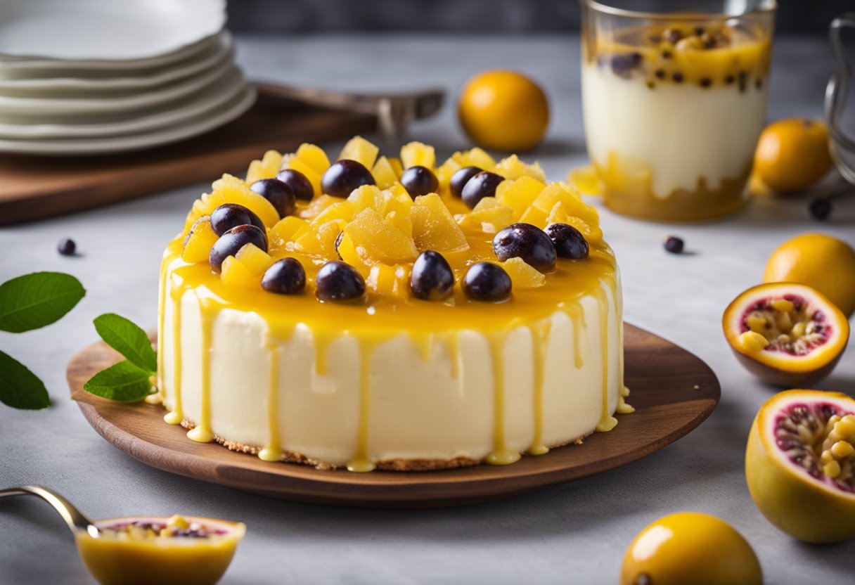 Um vibrante bolo de maracujá sendo recheado com leite condensado doce, pronto para uma celebração festiva