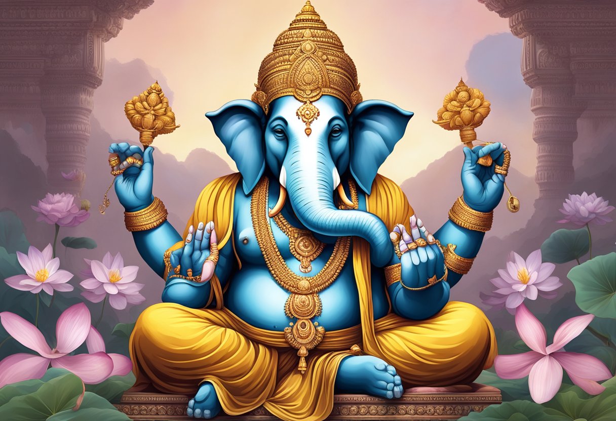 Ganesha representado con una gran cabeza de elefante, cuatro brazos, sosteniendo un garfio, un lazo y su colmillo roto, sentado sobre una flor de loto