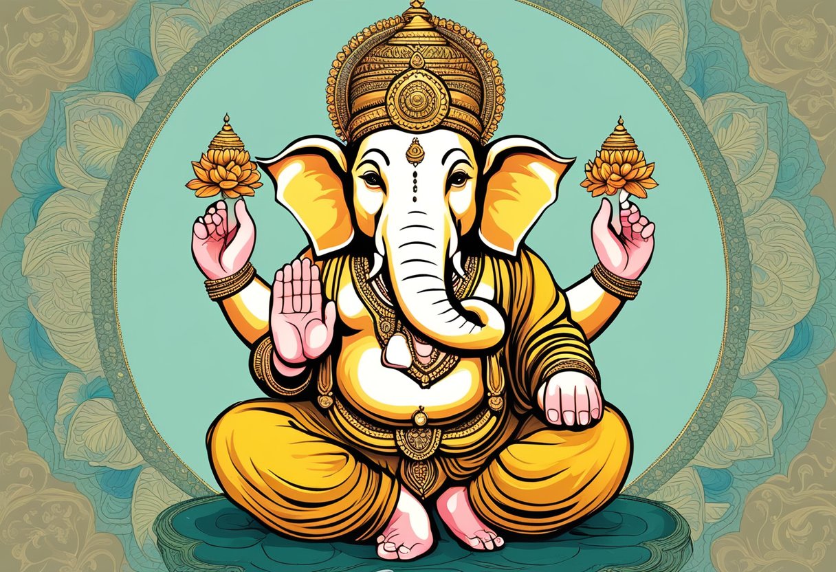 Ganesha es representado con una gran cabeza de elefante, cuatro brazos y una barriga redonda. A menudo se le muestra sentado sobre una flor de loto con un pequeño ratón a sus pies.