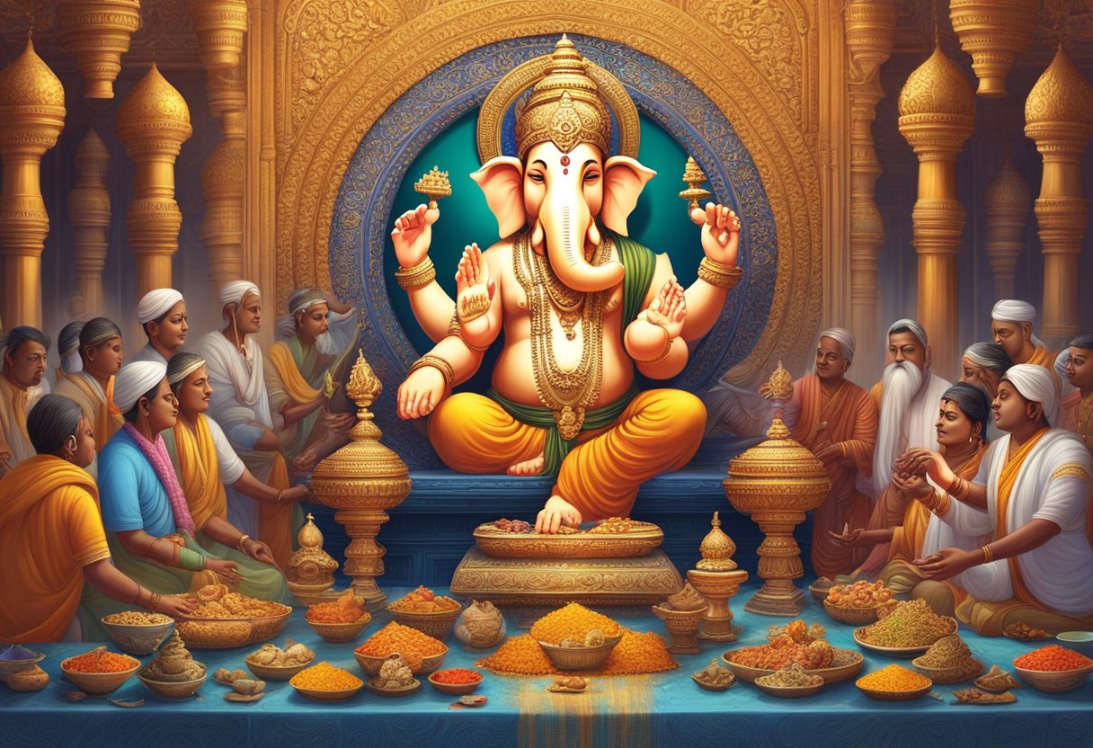 La relevancia de Ganesha en la vida diaria: Un altar vibrante y ornamentado con ofrendas, incienso y una estatua de Ganesha rodeada de adoradores.