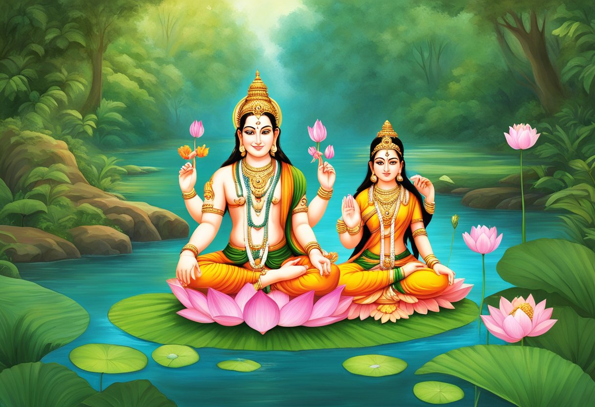 Shiva, Ganesha y Parvati sentados juntos en una flor de loto, rodeados de exuberante vegetación y un río tranquilo