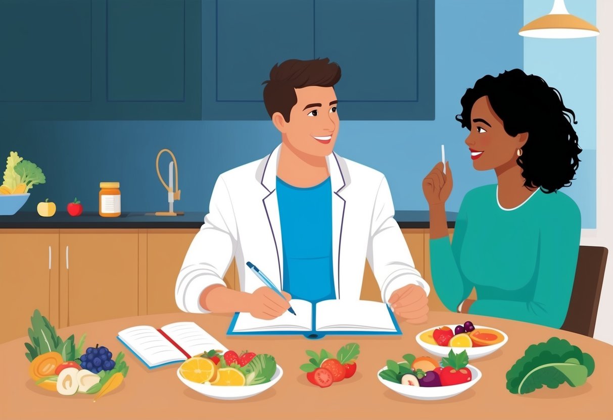 A person sitting at a table with a variety of healthy foods and a notebook, talking to a nutrition and lifestyle coach