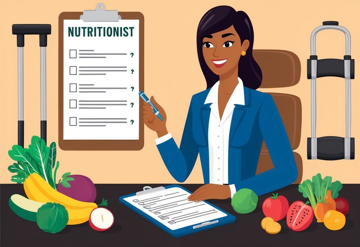 A nutritionist answering questions with a clipboard and pen on a table, surrounded by fruits, vegetables, and fitness equipment