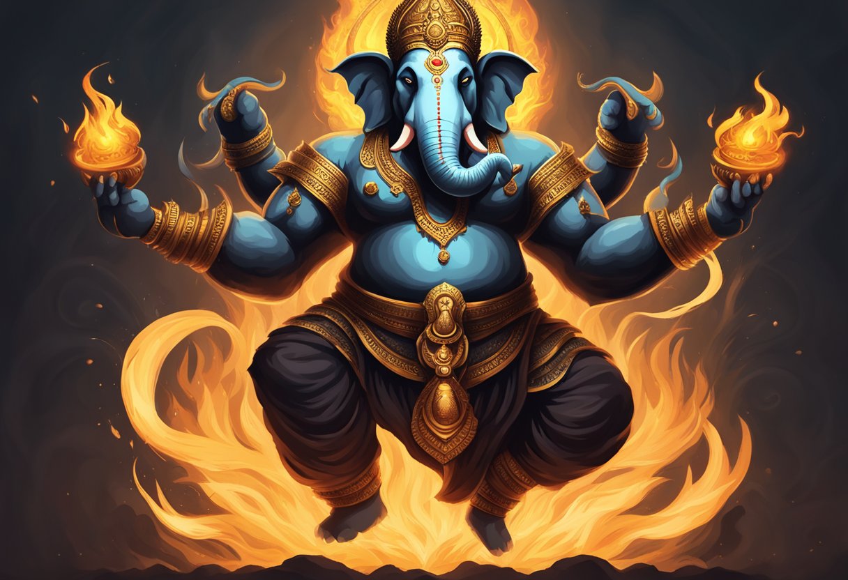 Ganesha, un demonio, se erige alto con múltiples brazos y una expresión feroz, rodeado de llamas y sombras oscuras