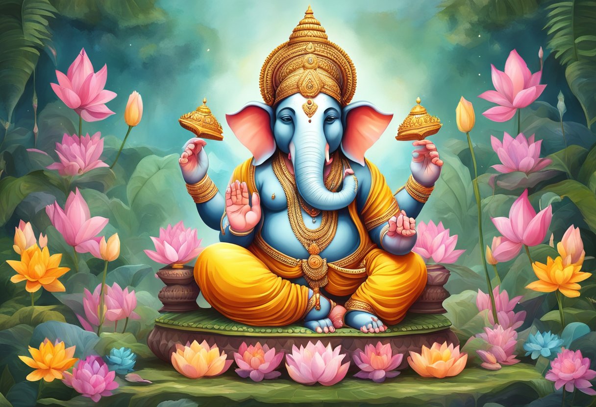 Ganesha, con su cabeza de elefante y múltiples brazos, se encuentra sobre una flor de loto rodeado de objetos simbólicos como un colmillo roto y un modak.