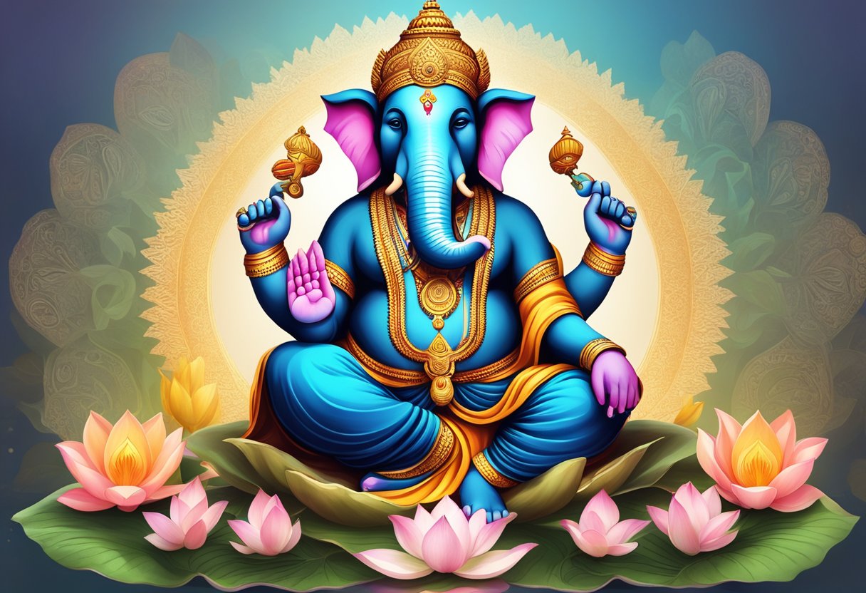 Ganesha se sienta en un loto, rodeado de ofrendas y símbolos de prosperidad, sabiduría y protección.