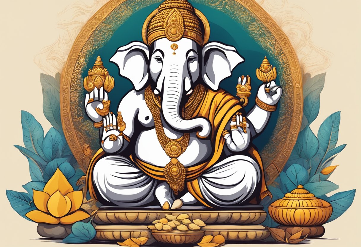 Ganesha, representado como una deidad poderosa y benevolente, rodeado de ofrendas y símbolos de prosperidad, con una expresión serena y sabia