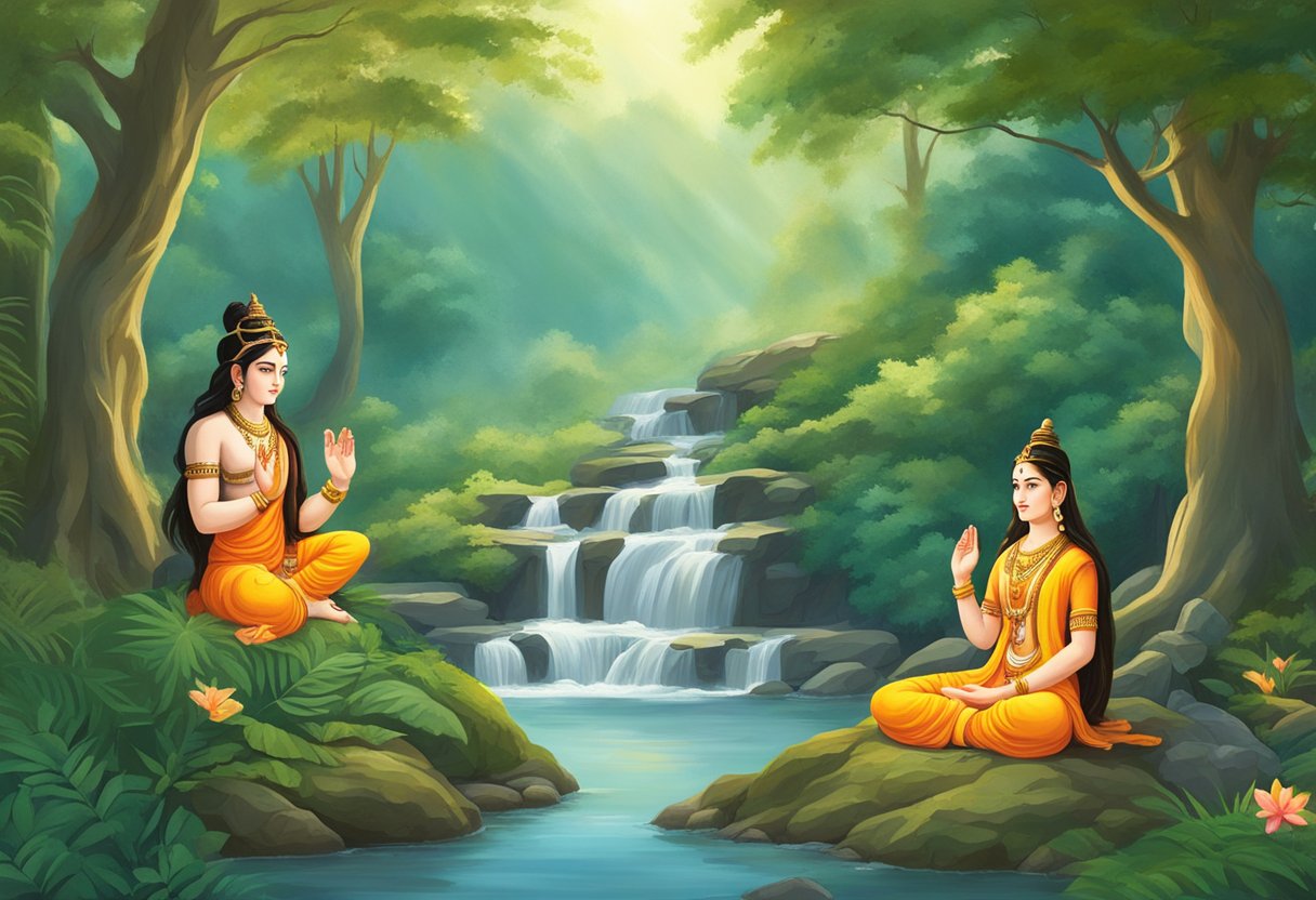 Shiva, Ganesha y Parvati meditando en un claro sereno del bosque con un pequeño arroyo fluyendo cerca.