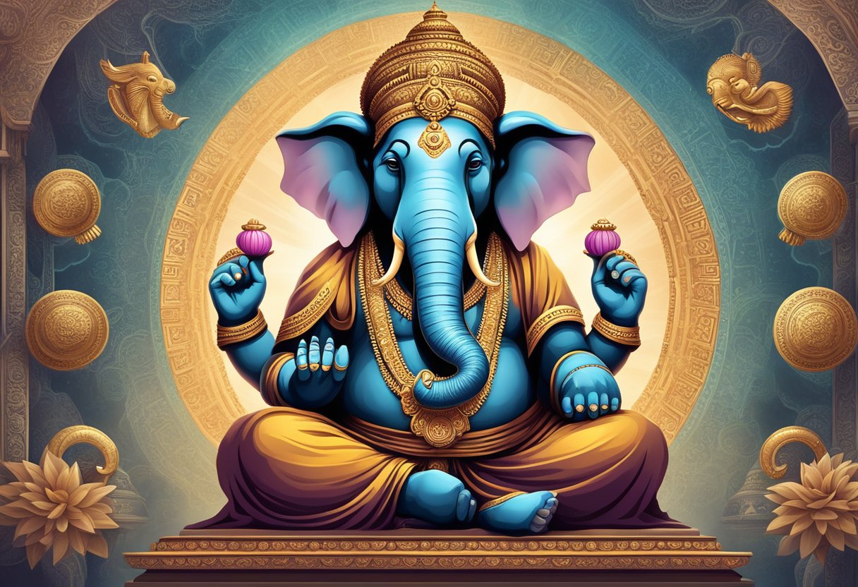 Ganesha, una poderosa y sabia deidad con cabeza de elefante, se sienta en una pose meditativa rodeado de símbolos de conocimiento y sabiduría.