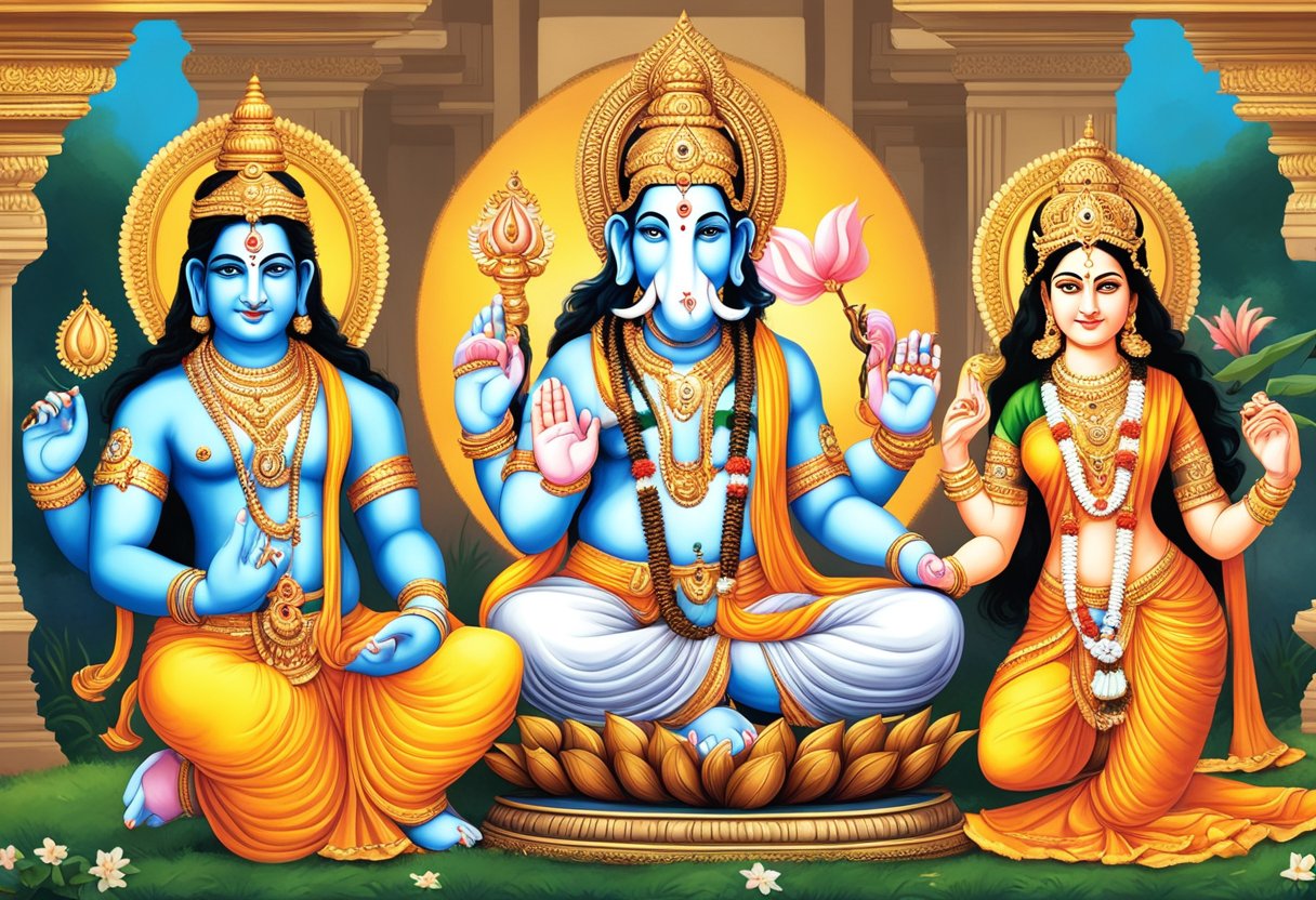 Tres deidades hindúes, Shiva, Ganesha y Parvati, están juntas en un tableau familiar divino.