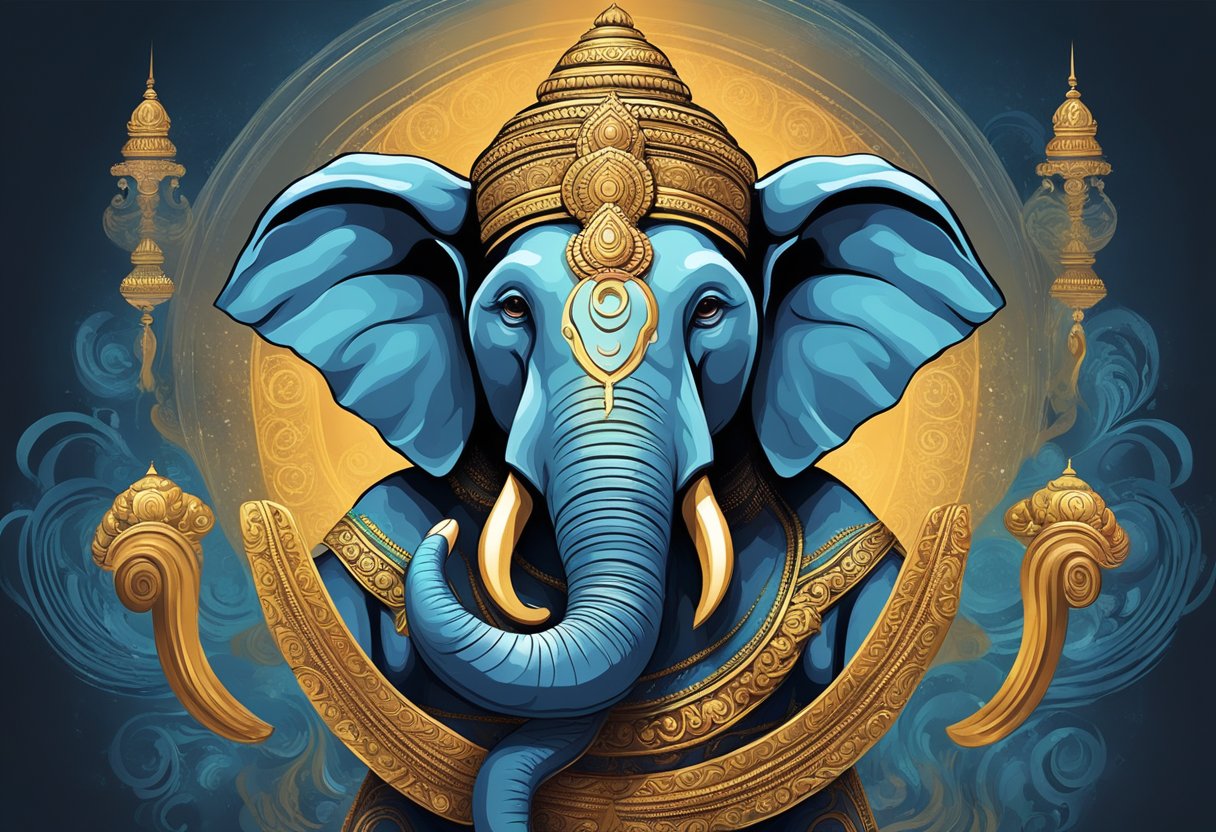 Una majestuosa figura con cabeza de elefante, Ganesha, se erige con confianza, rodeada de energía en espiral y un sentido de poder.