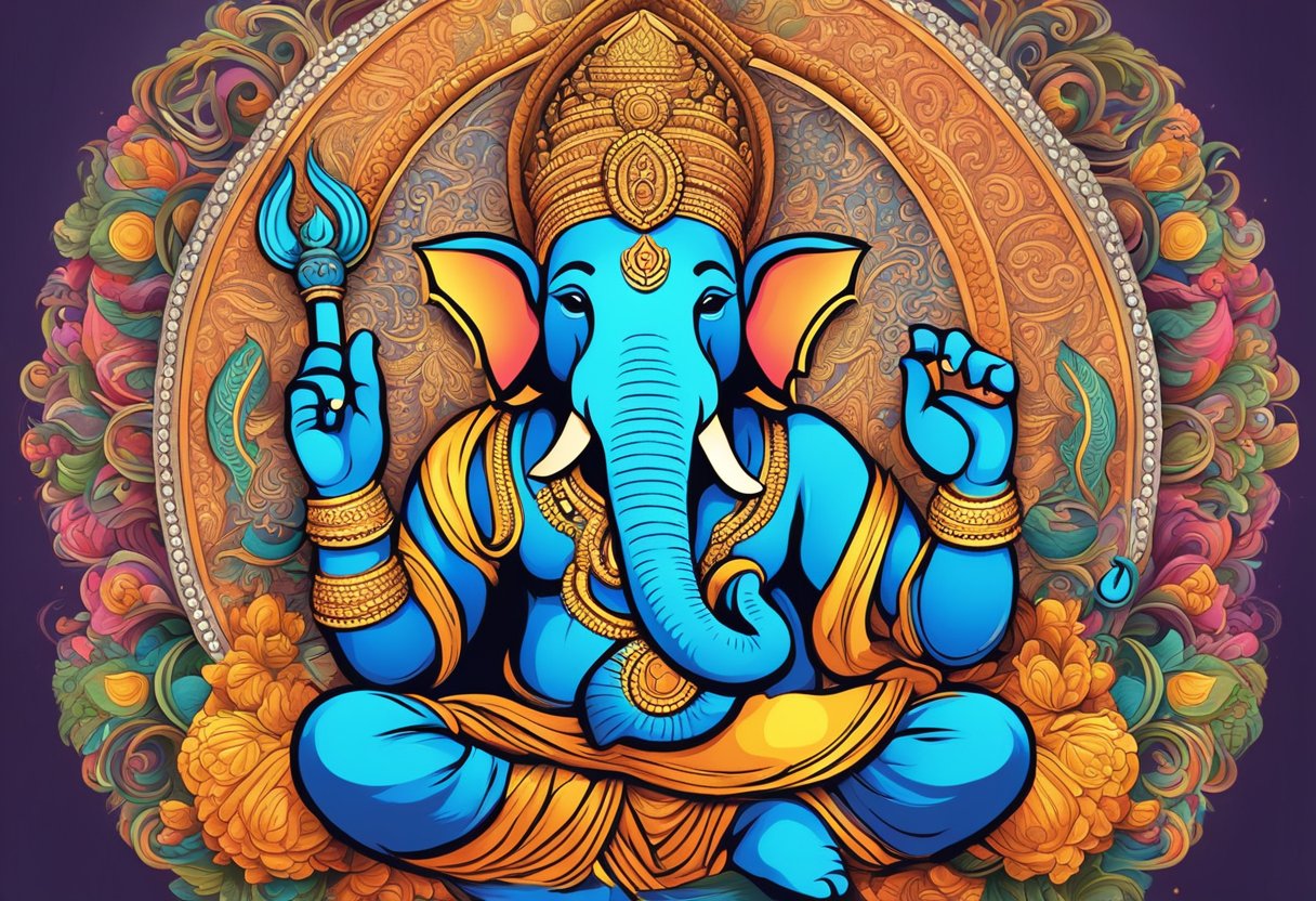 Una ilustración colorida e intrincada de Ganesha, la deidad hindú, rodeada de símbolos de ley y derechos de autor, con un fondo vibrante.