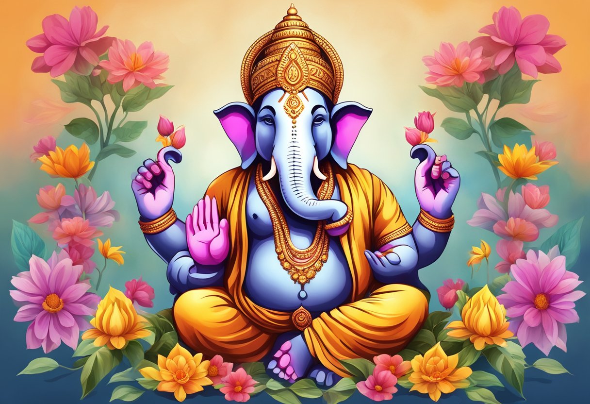 Una colorida estatua hindú de Ganesh rodeada de ofrendas y flores