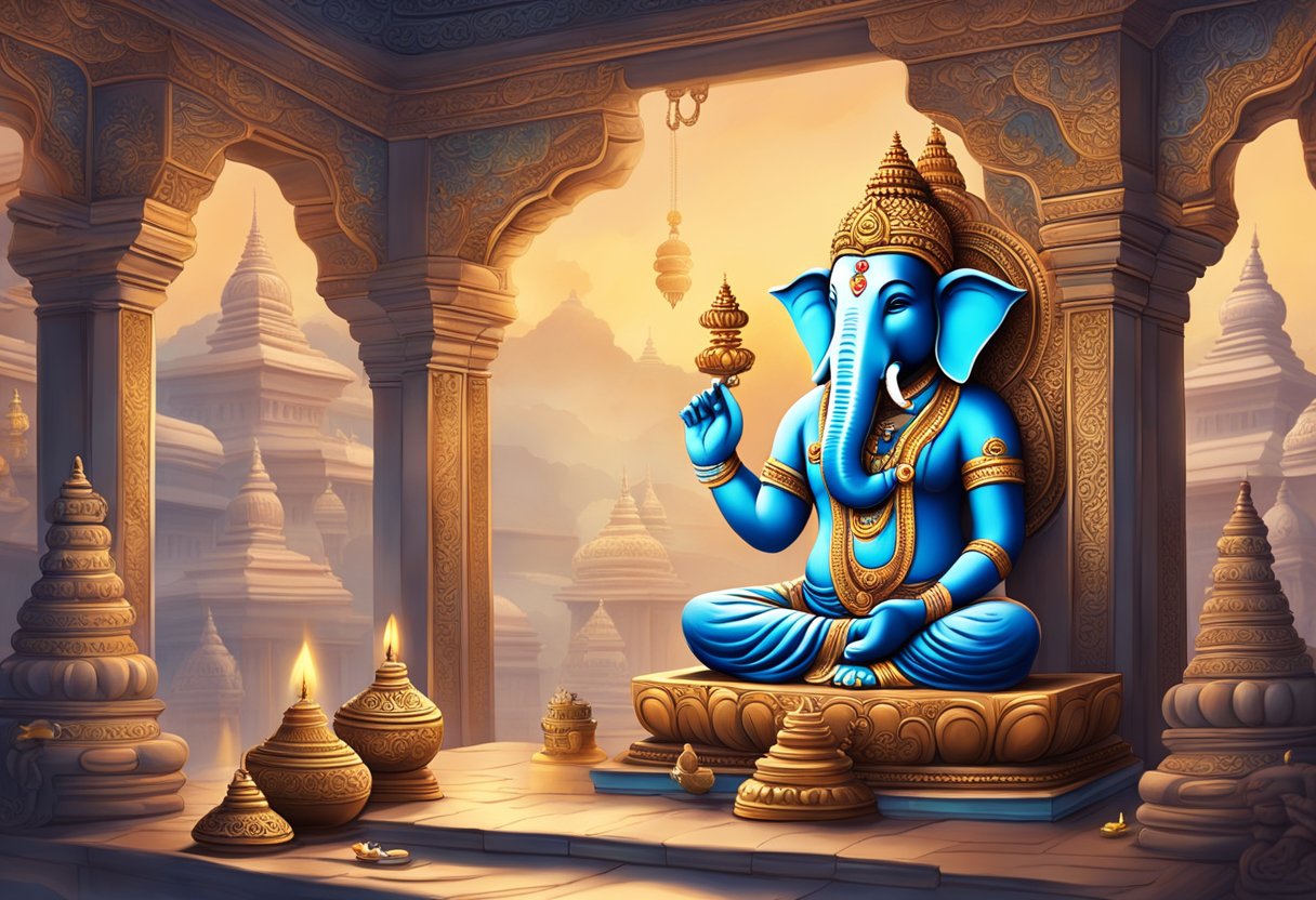 Un templo sereno con una estatua de Ganesha intrincadamente tallada, rodeada de ofrendas e incienso, con devotos inclinándose en reverencia