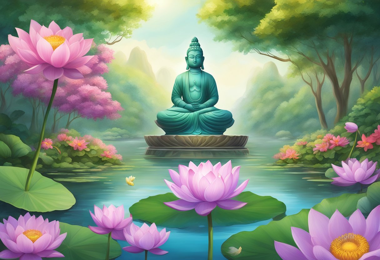 A serene pond filled with lotus flowers with a majestic Ganeshida statue in its center, surrounded by lush vegetation and colorful flowers.